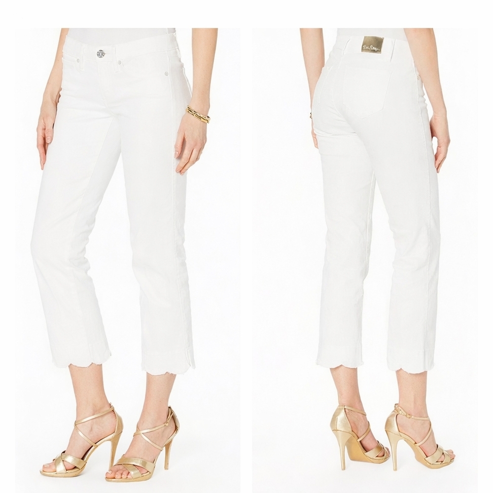 Lilly Pulitzer Women's White Mid Rise Cropped Jeans With Scalloped Hem- Size 4